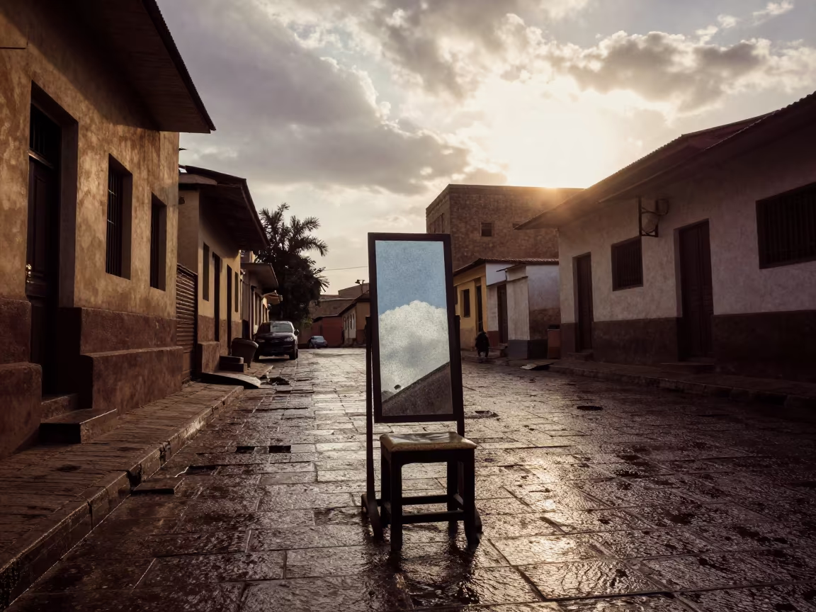 Fitting Stool Mirror Hairspray Khartoum Rain in in a stone lane between old facades in Khartoum