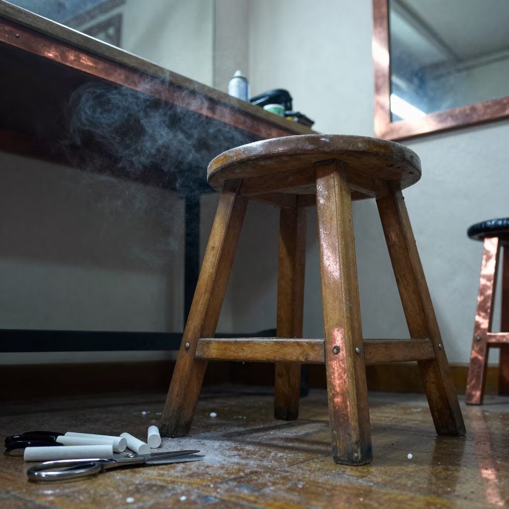 Fitting Stool Beside Mirror in Tailoring Workshop in at a tailoring table strewn with chalk and shears in Punto Fijo