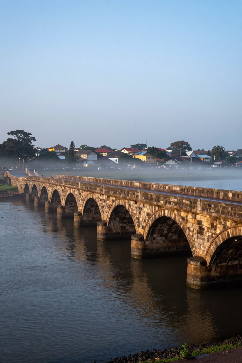 Five Arched Stone Bridge Over Misty River in Dar es Salaam in across a formal civic plaza in Dar es Salaam