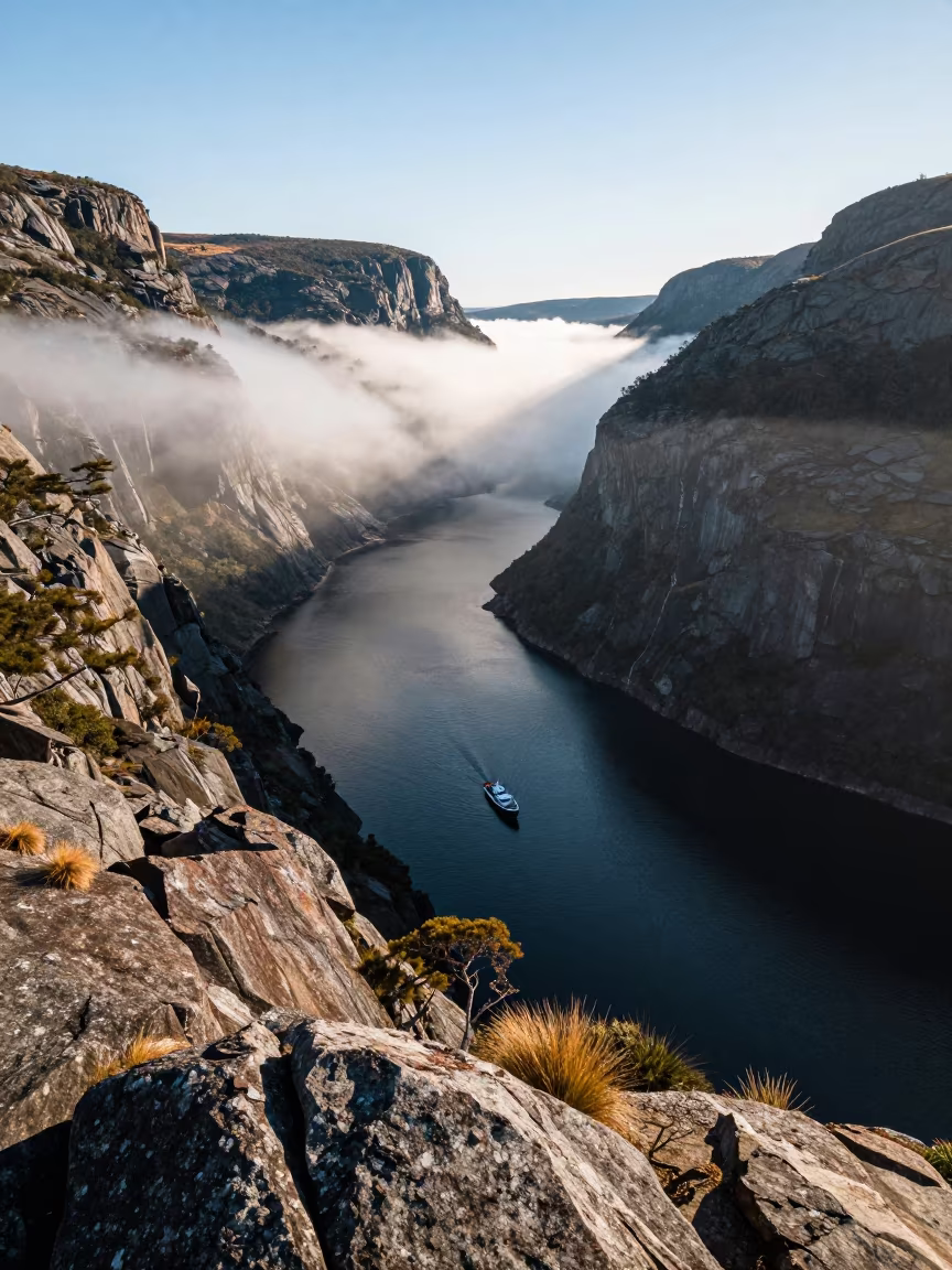 Fjord Boat Amidst Foggy Australian Harbor Walls in beside a fogbound harbor mouth in Australia