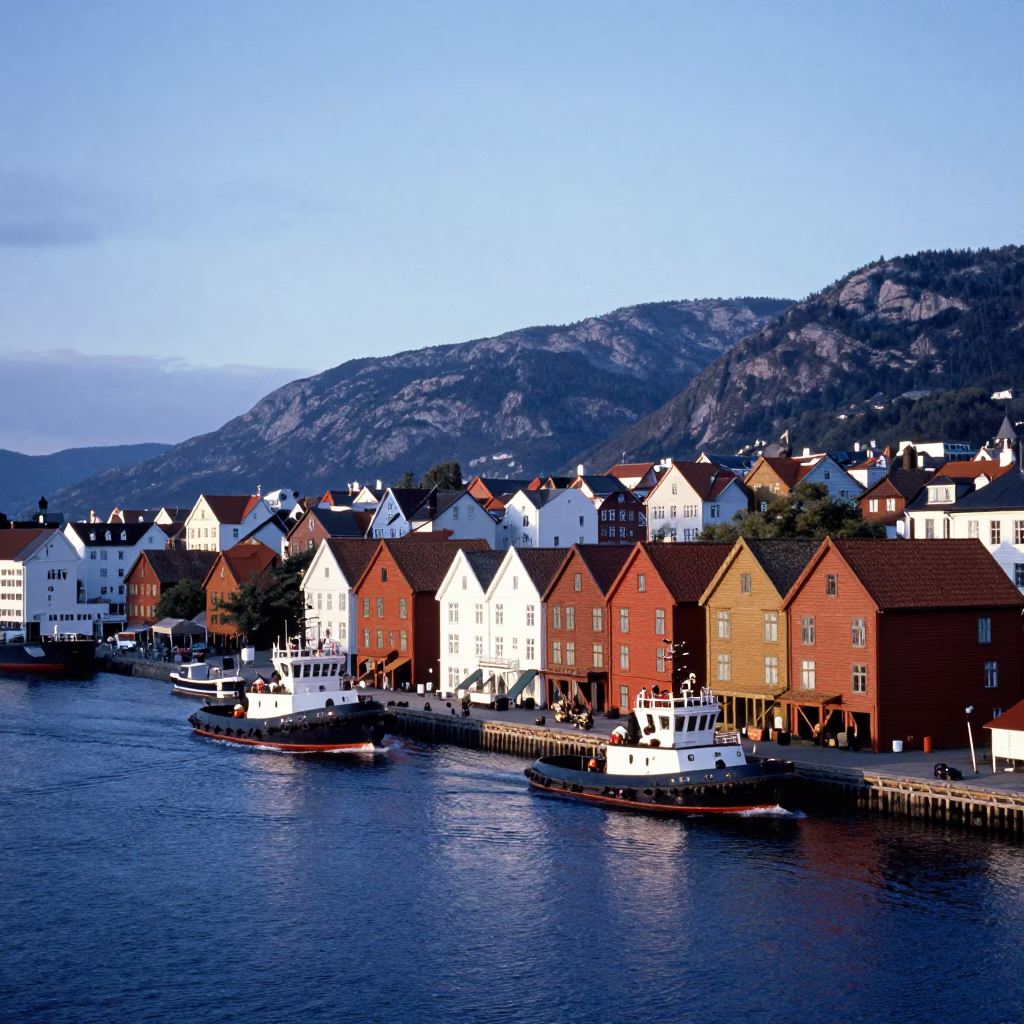 Fjord View in Bergen at Nautical Dawn Light in in Bergen, Norway