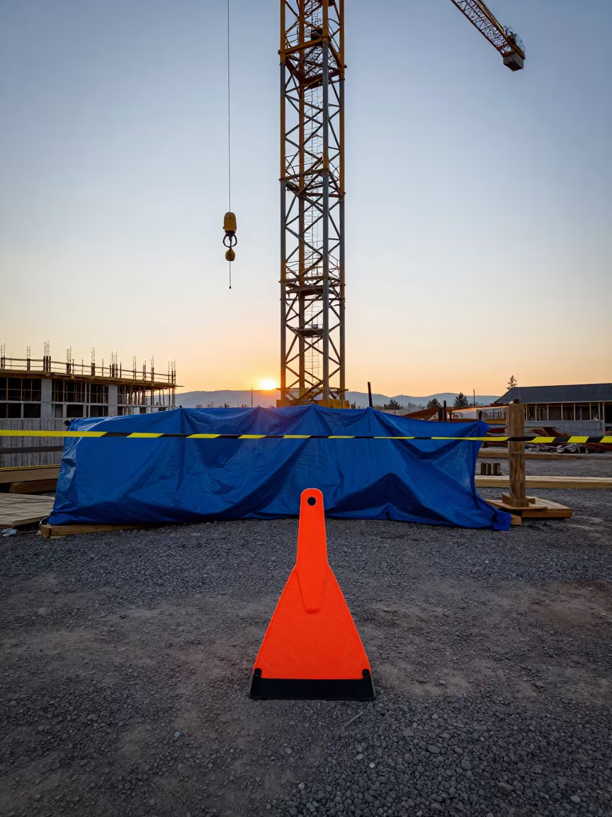 Flagger Paddle Stand at Colorado Dawn in beneath a tower crane on open ground in Colorado