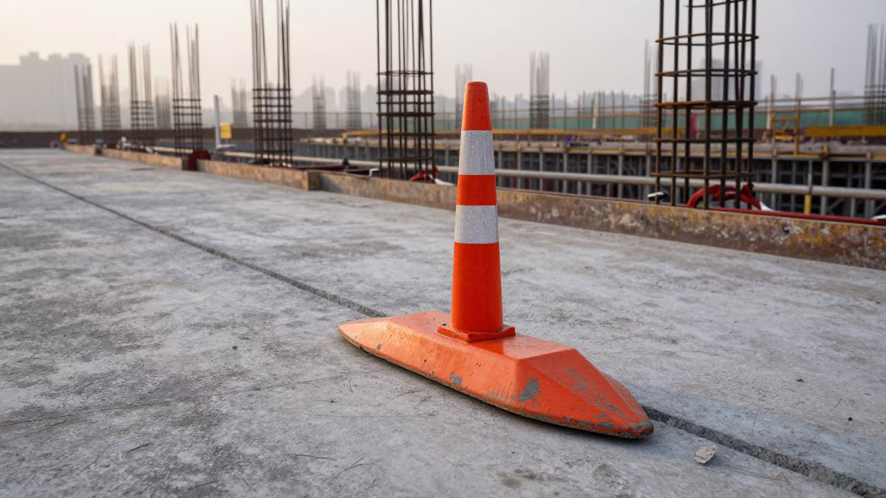 Flagger Paddle Stand on Shandong Construction Deck in on an active construction deck in Shandong