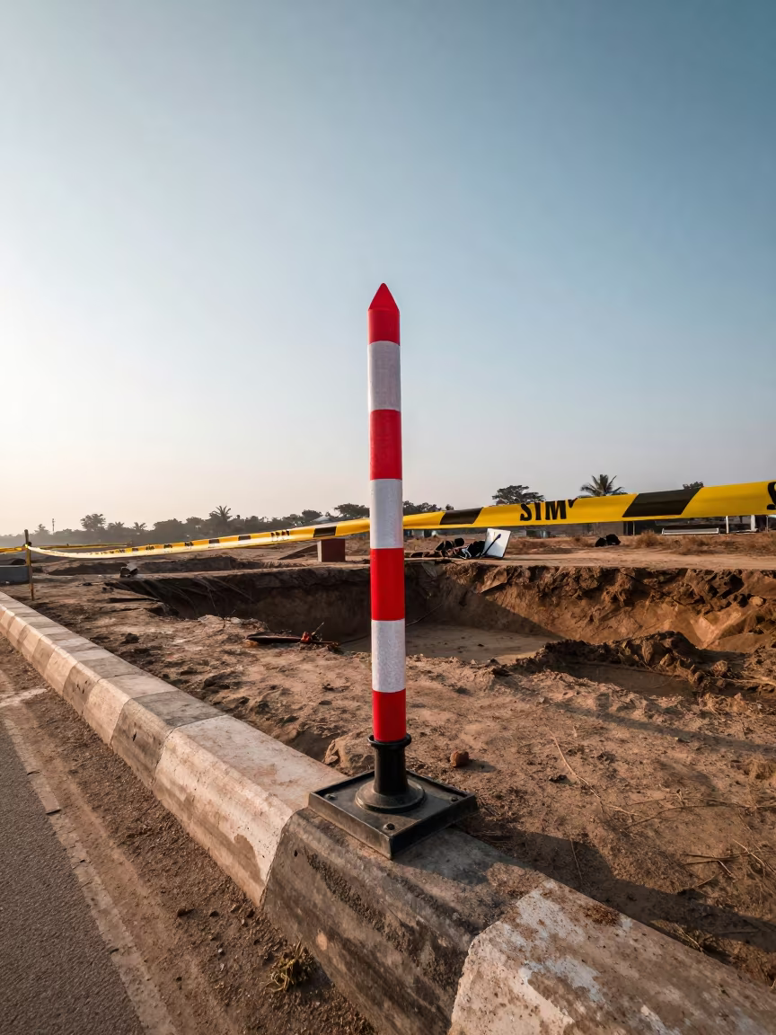 Flagger Stand Before Sunrise in Visakhapatnam in inside a taped-off excavation edge in Visakhapatnam
