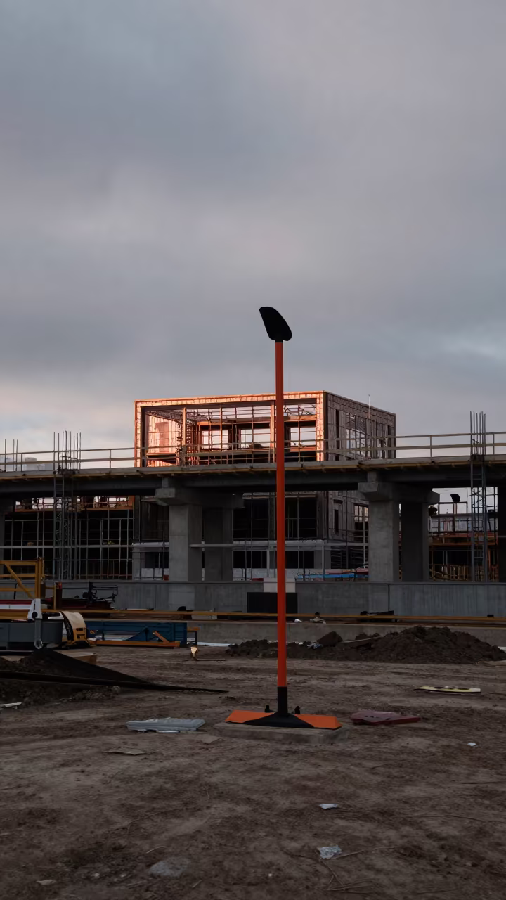 Flagger Stand Silhouette Sapporo Construction Site in beside a framed building shell in Sapporo