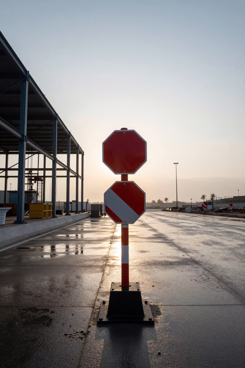 Flagger Stand at Silk Road Construction Dawn in beside a framed building shell in the Silk Road