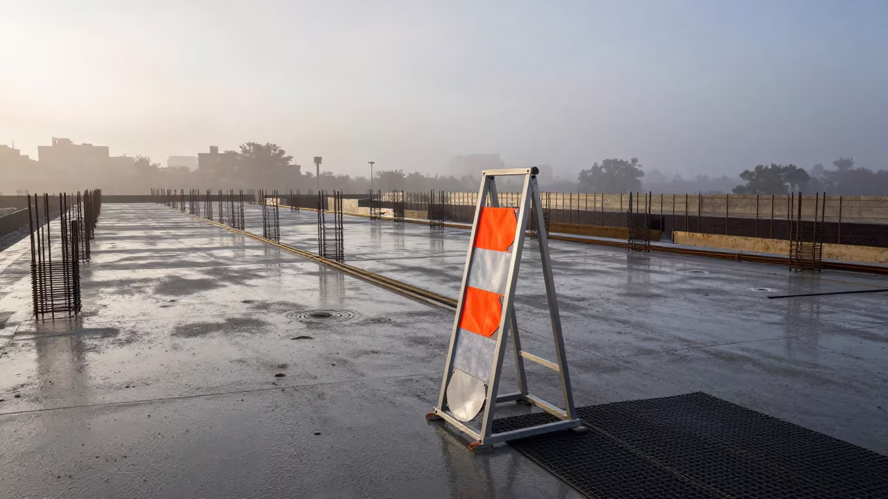 Flagger Stand on Tepic Construction Deck at Dawn in on an active construction deck in Tepic