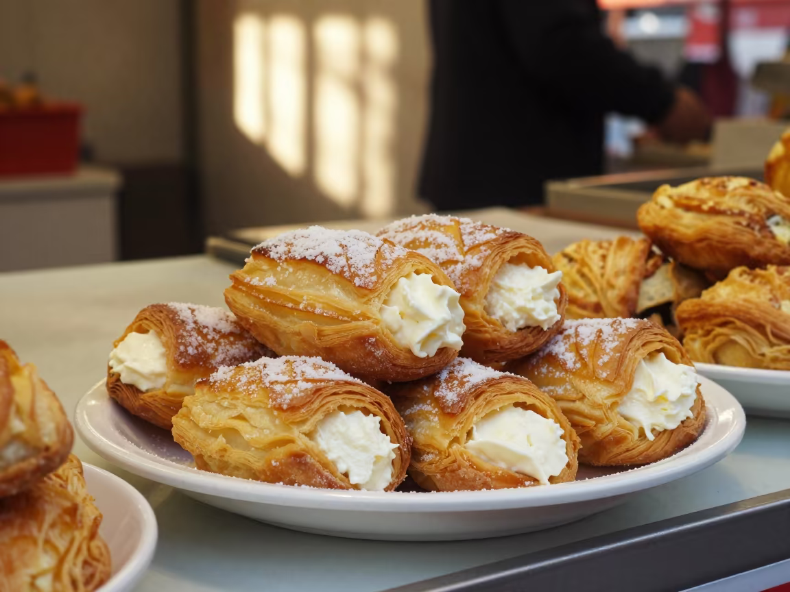 Flaky Sfogliatelle Pastries on Qingdao Market Counter in at a market stall counter in Qingdao