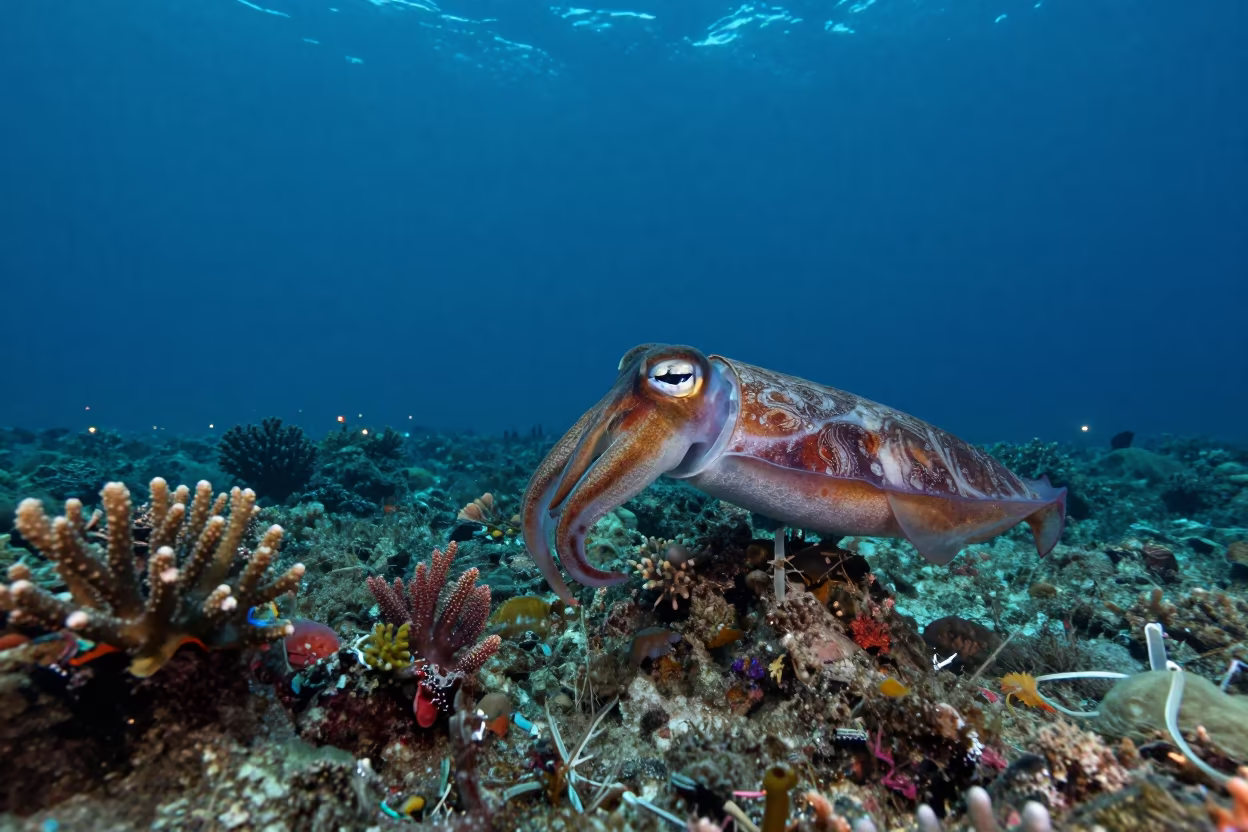 Flamboyant Cuttlefish Walking Coral Wall Cebu in along a coral wall with blue water beyond near Cebu