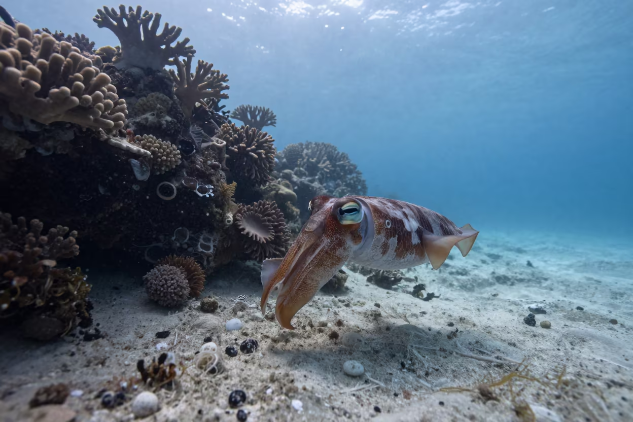 Flamboyant Cuttlefish Walking Coral Wall Dawn in along a coral wall with blue water beyond near Stone Town