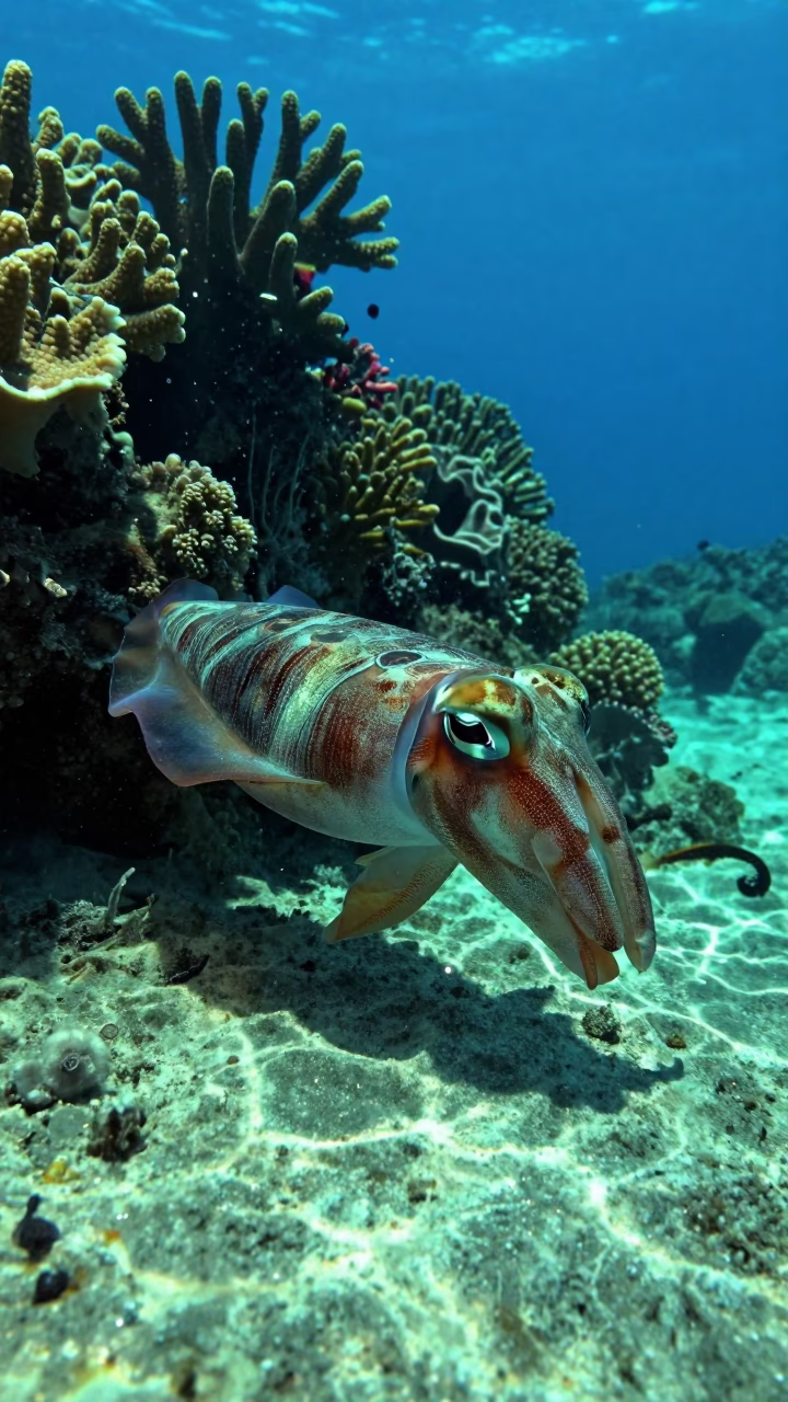 Flamboyant Cuttlefish Walking Coral Wall in along a coral wall with blue water beyond near Denpasar