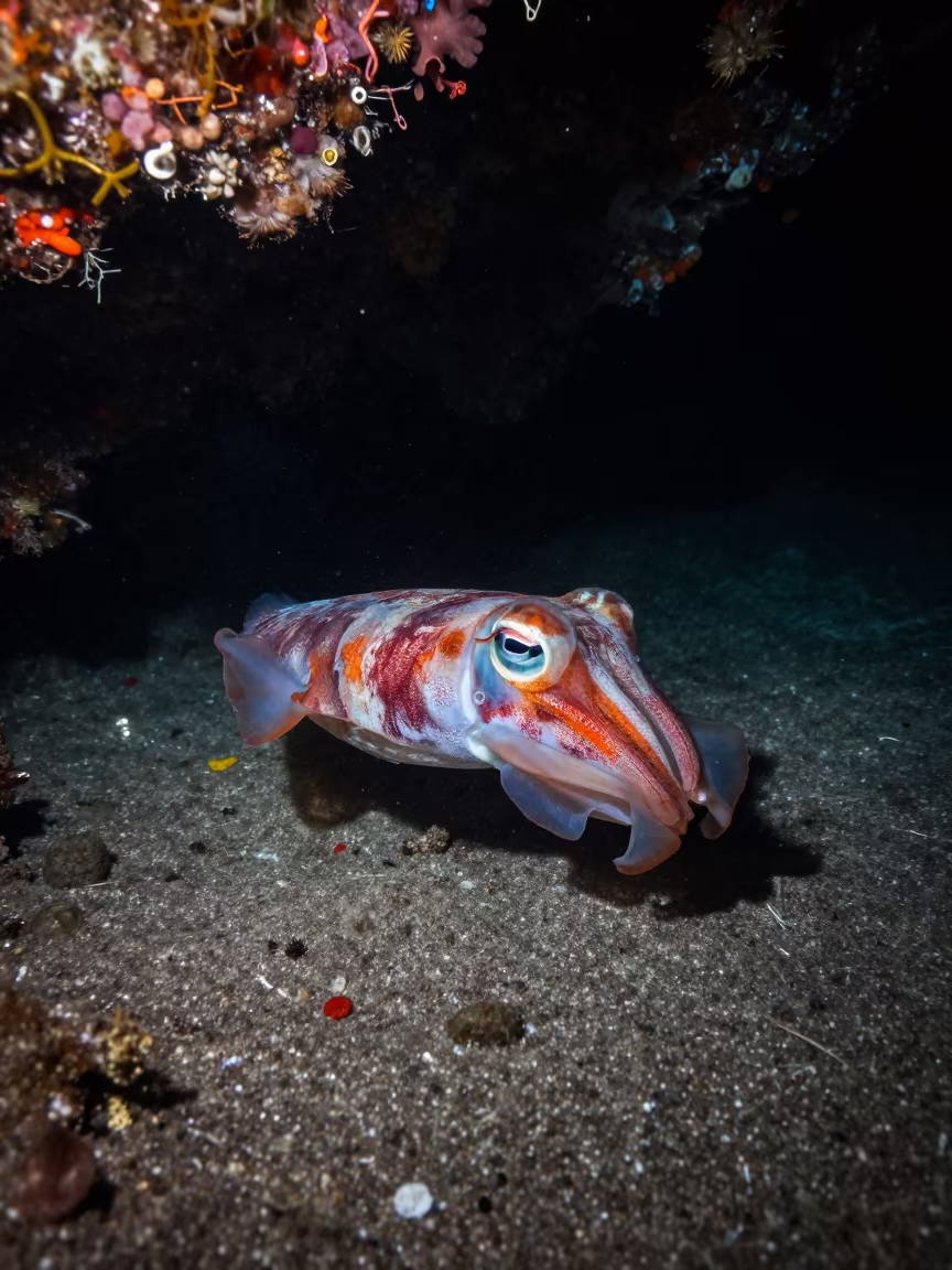 Flamboyant Cuttlefish Walking Night Reef in beside a volcanic reef overhang near Denpasar