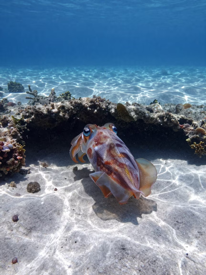 Flamboyant Cuttlefish Walking Reef Crevice in beside a reef crevice under clear water near Belize City