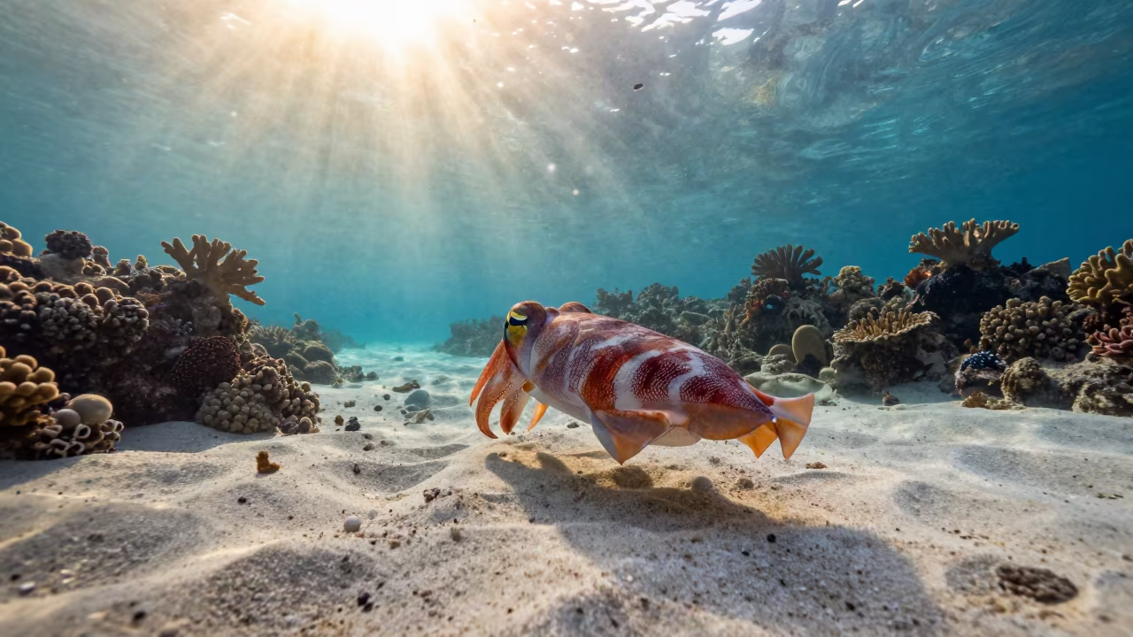 Flamboyant Cuttlefish Walking Reef Floor Dawn Belize in beside a reef crevice under clear water near Belize City