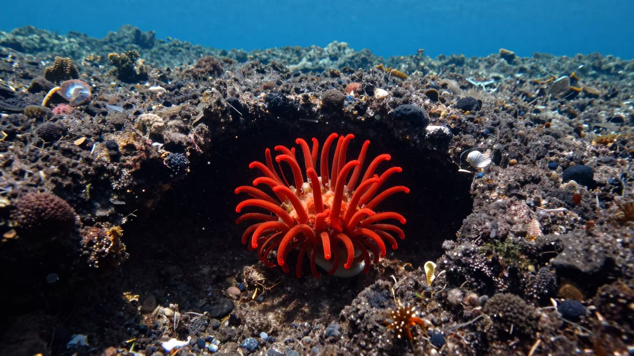 Flame Scallop Red Tentacles Reef Crevice Zanzibar in beside a volcanic reef overhang near Zanzibar