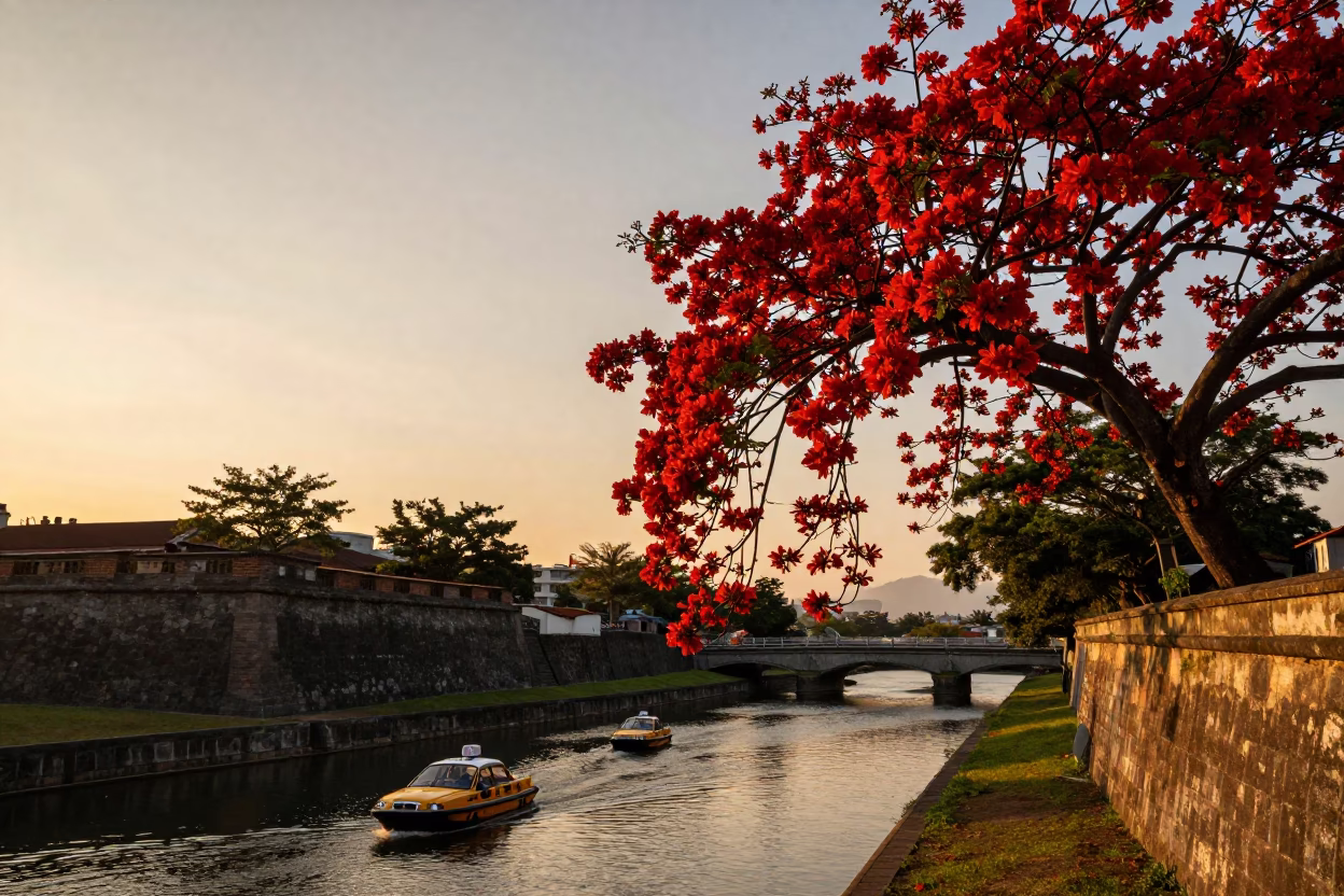 Flame Tree Bloom and Water Taxi in Tainan Evening Light in in Tainan, Taiwan