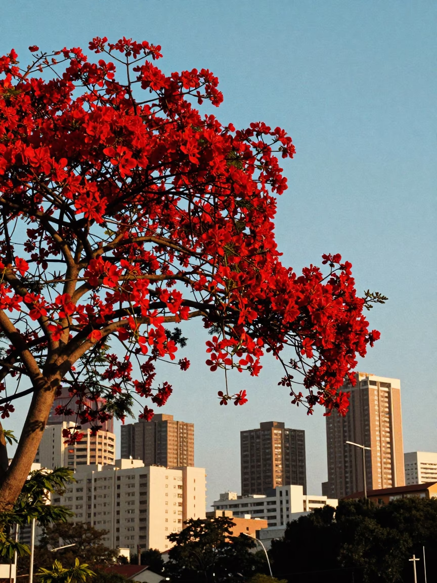 Flame Tree in Brilliant Red Bloom Against Johannesburg Skyline Early Afternoon in in Johannesburg, South Africa