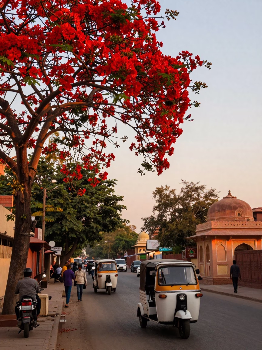 Flame Tree in Brilliant Red Bloom at Sunset in Jaipur India Street Scene in in Jaipur, India