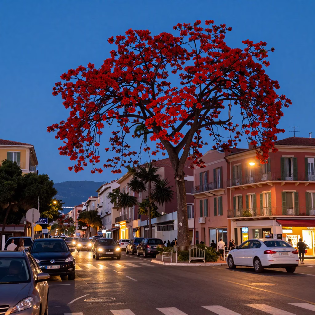 Flame Tree in Brilliant Red Bloom Over Nice France Evening Street Scene in in Nice, France