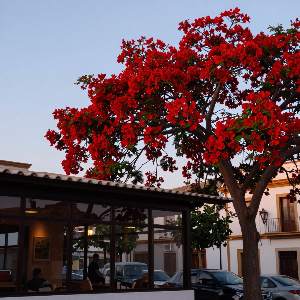 Flame Tree in Valencia at The Early Evening Light in in Valencia, Spain