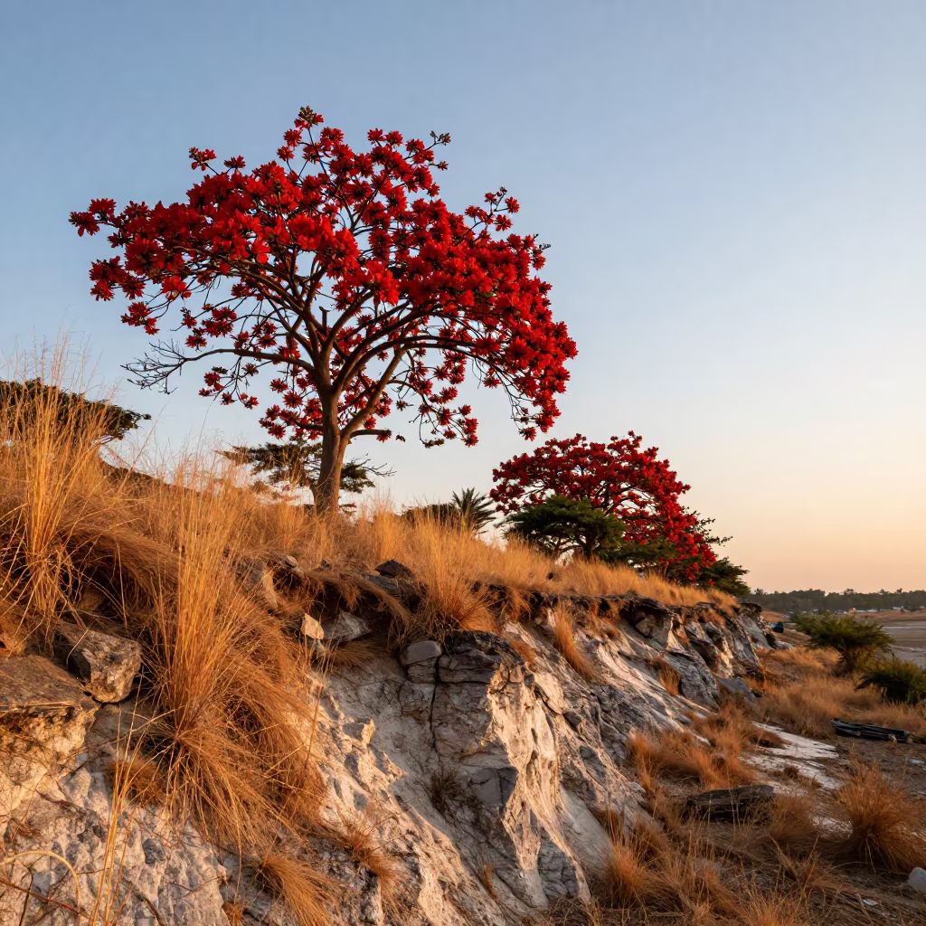 Flame Tree Red Bloom Sunset Abeokuta Cliff in along a salt-sprayed cliff edge near Abeokuta