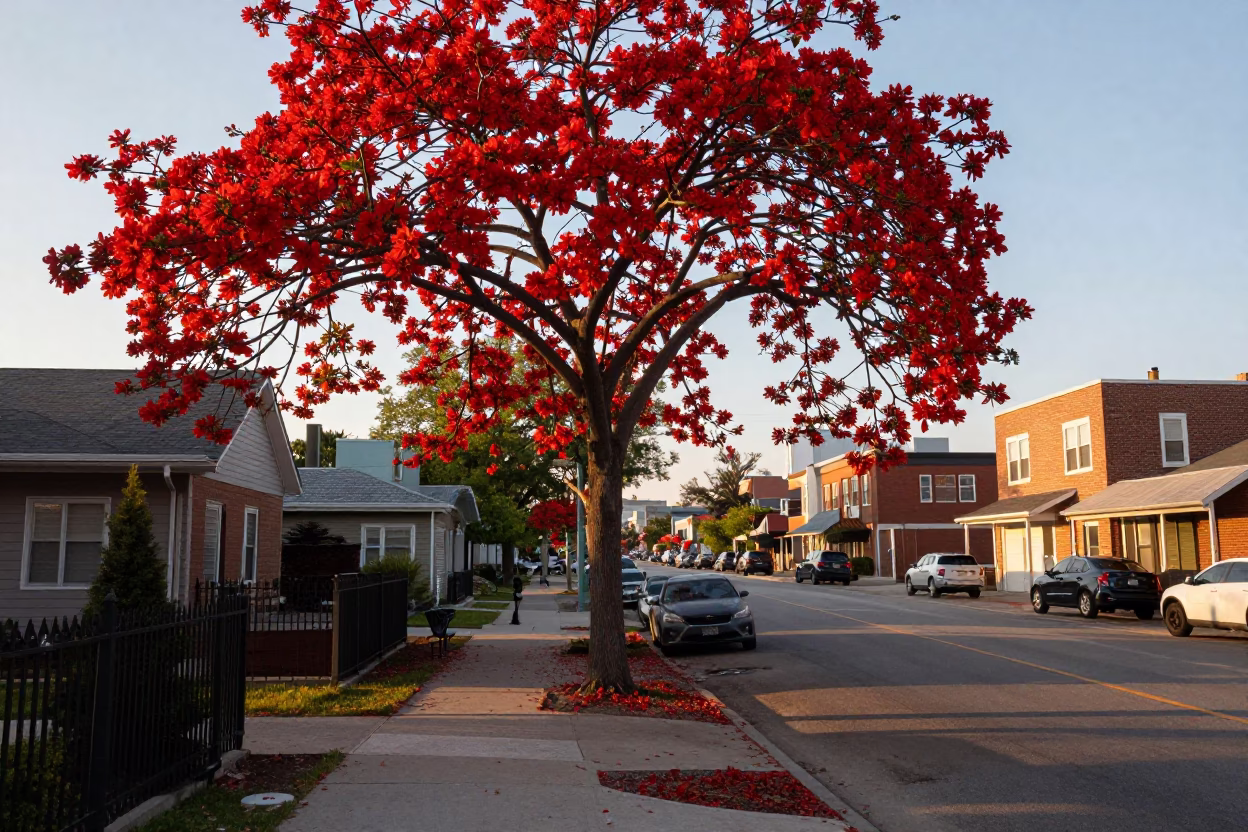 Flame Tree Red Bloom Toronto Sunrise Street Scene with Worker in in Toronto, Ontario, Canada