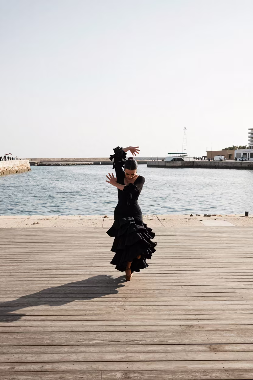 Flamenco Dancer Mid Zapateado on Barcelona Tablao in at a harbor edge in Barcelona