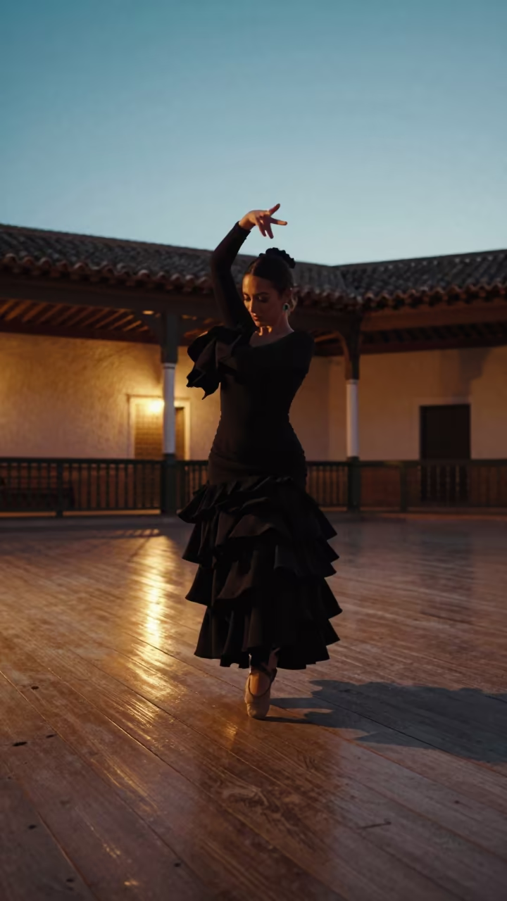 Flamenco Dancer Mid-Zapateado Under Neon Light in in Seville