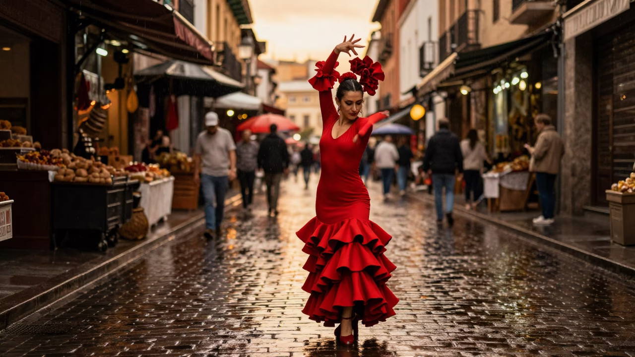 Flamenco Dancer in Red Dress Chueca Madrid Market in along a market lane in Chueca, Madrid