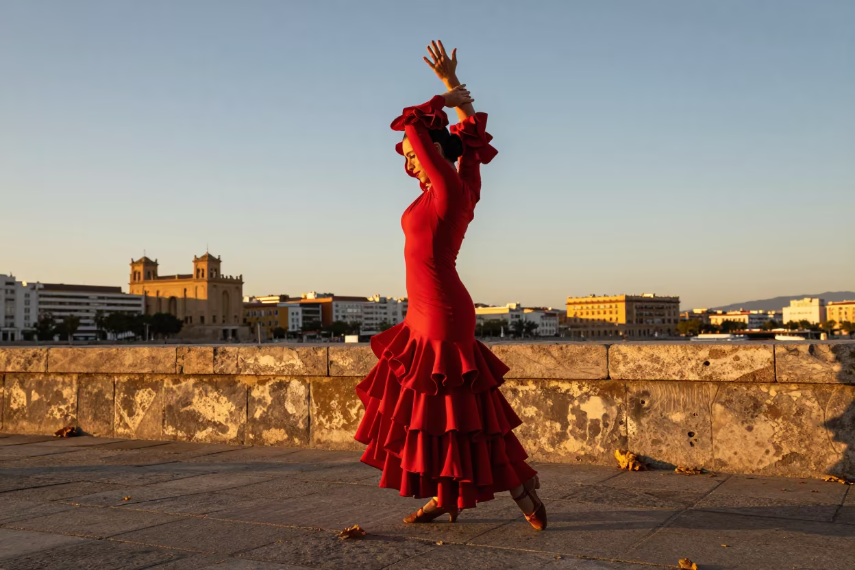 Flamenco Dancer in Red Dress at Madrid Harbor in at a harbor edge in Sol, Madrid