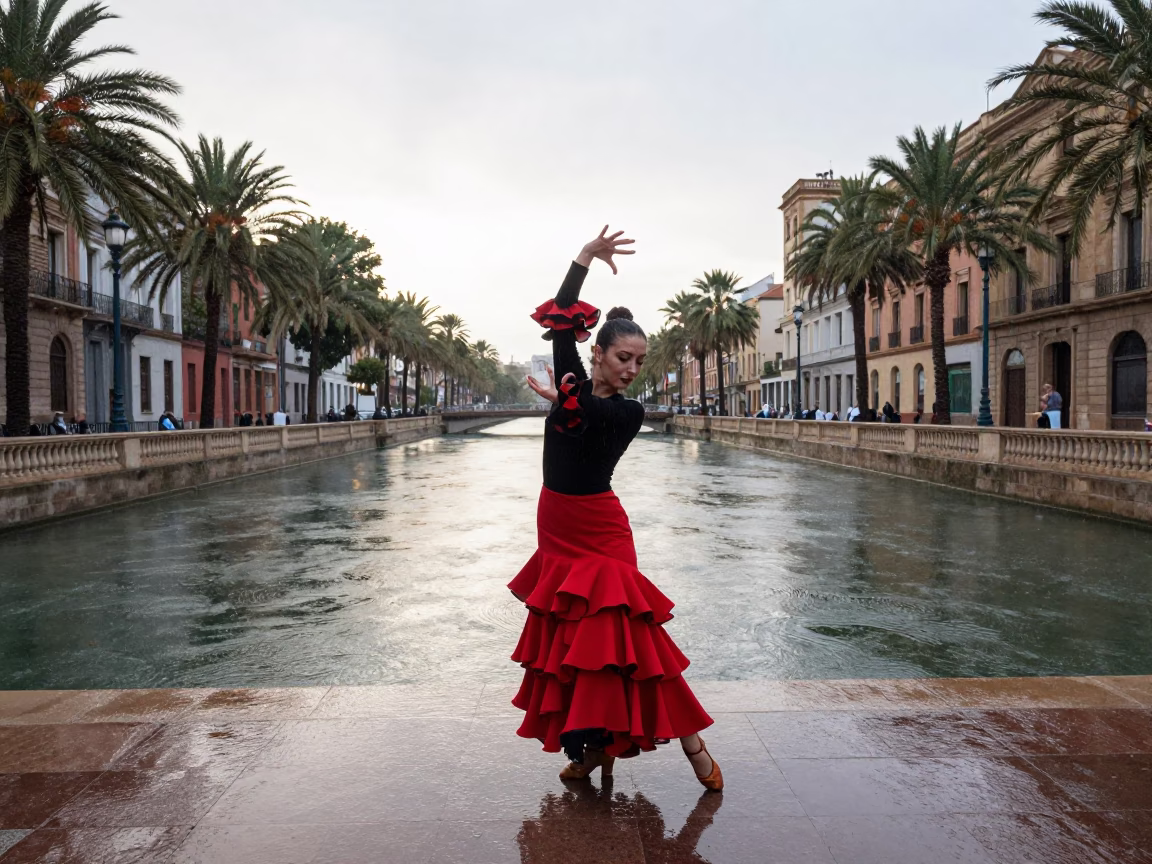 Flamenco Dancer Red Skirt Barcelona Canal Rain in beside a canal in Barcelona