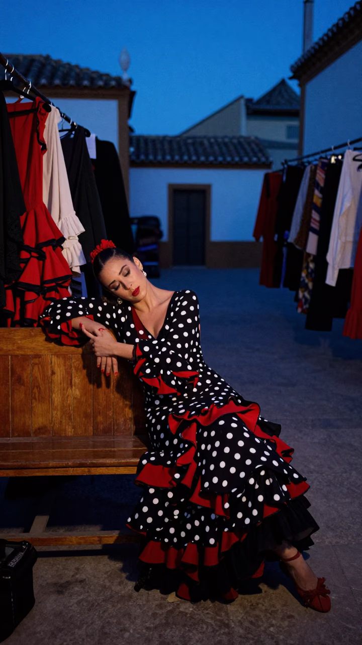 Flamenco Dancer Resting Backstage in Seville During Indigo Twilight in in Seville, Spain