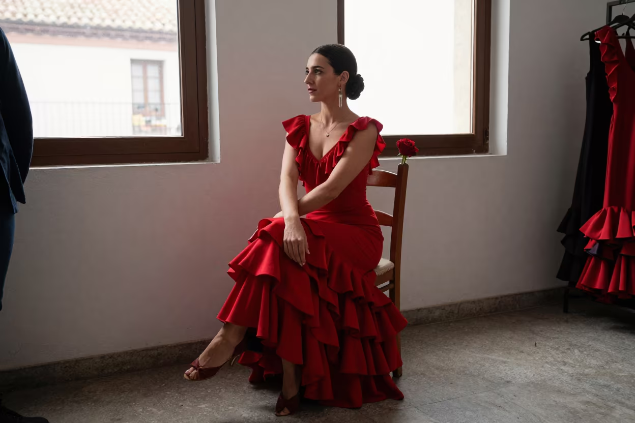 Flamenco Dancer Resting Backstage Madrid in near La Latina, Madrid