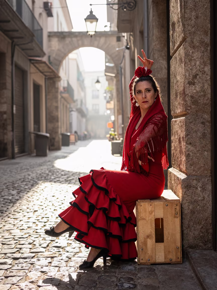 Flamenco Dancer Resting in Barcelona Market Lane in along a market lane in Barcelona