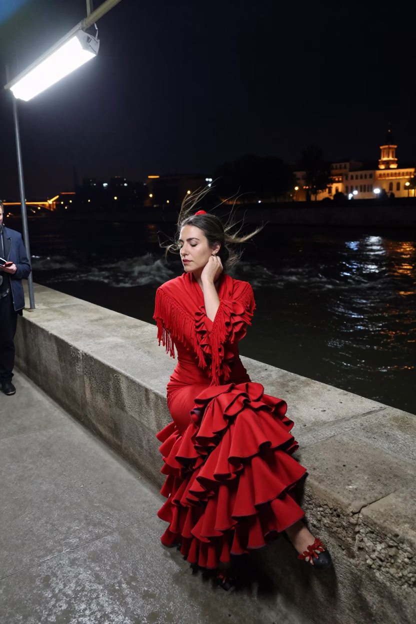 Flamenco Dancer Resting Under Fluorescent Light in near a riverside landing in Madrid