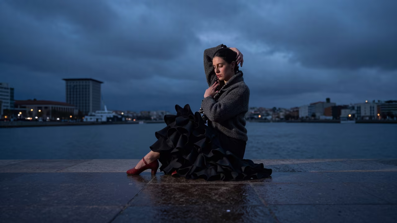 Flamenco Dancer Resting at Madrid Harbor Edge in at a harbor edge in Madrid