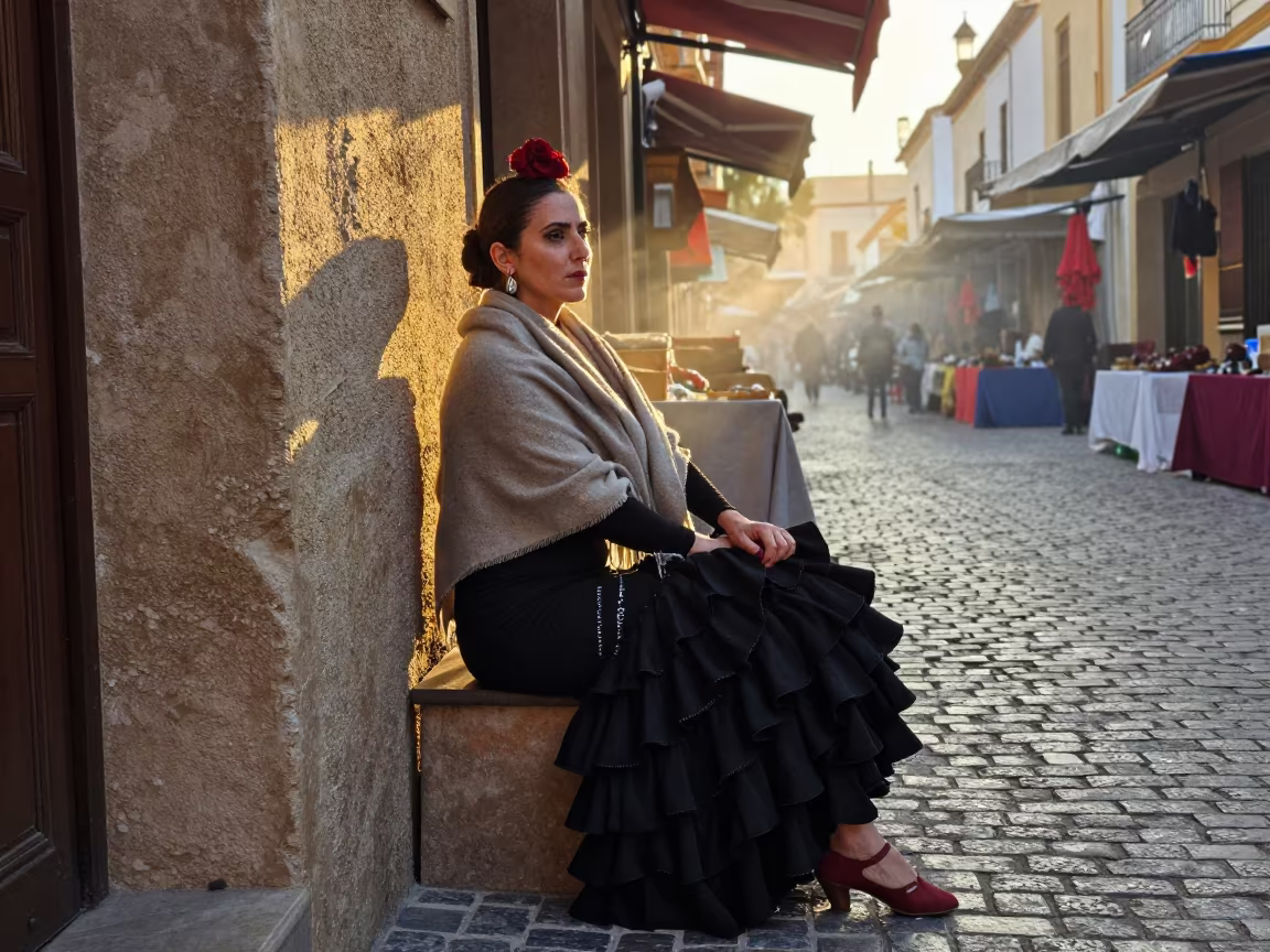 Flamenco Dancer Resting in Valencia Sunset in along a market lane in Valencia
