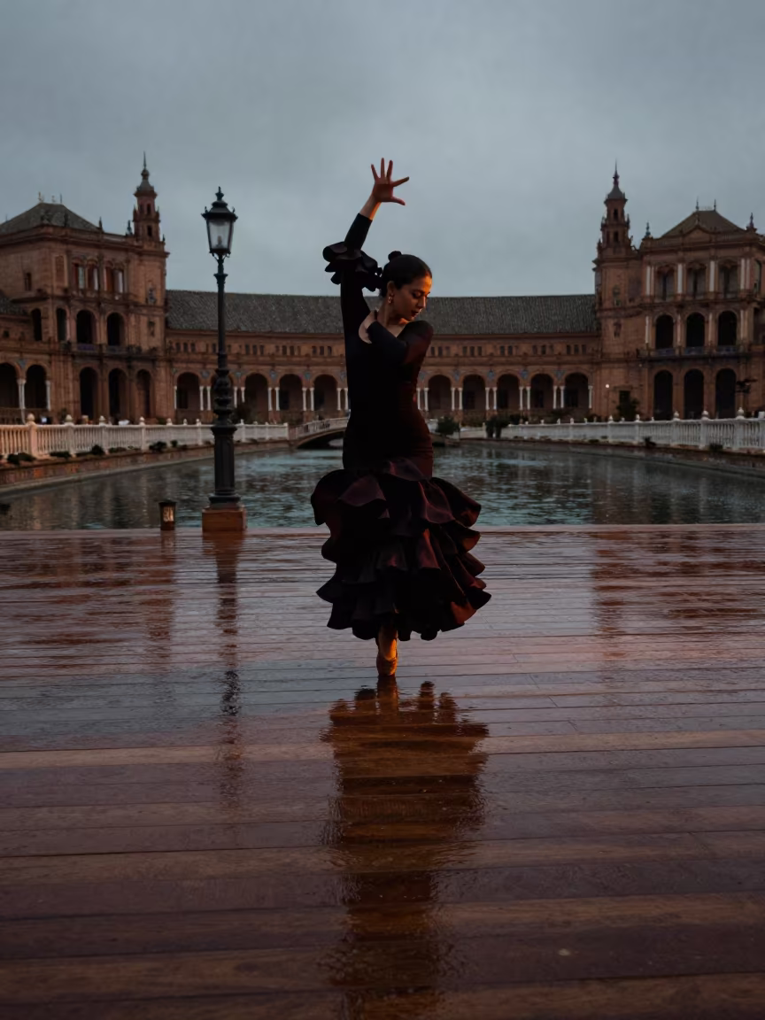 Flamenco Dancer in Shadow Before Sunrise in beside a canal in Seville