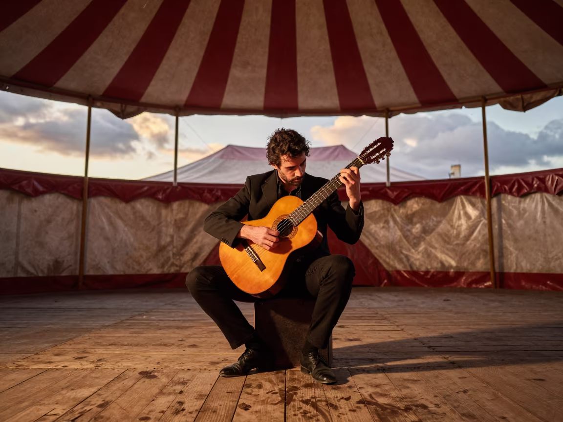 Flamenco Guitarist Under Circus Tent in Madrid in under a circus tent in Lavapies, Madrid