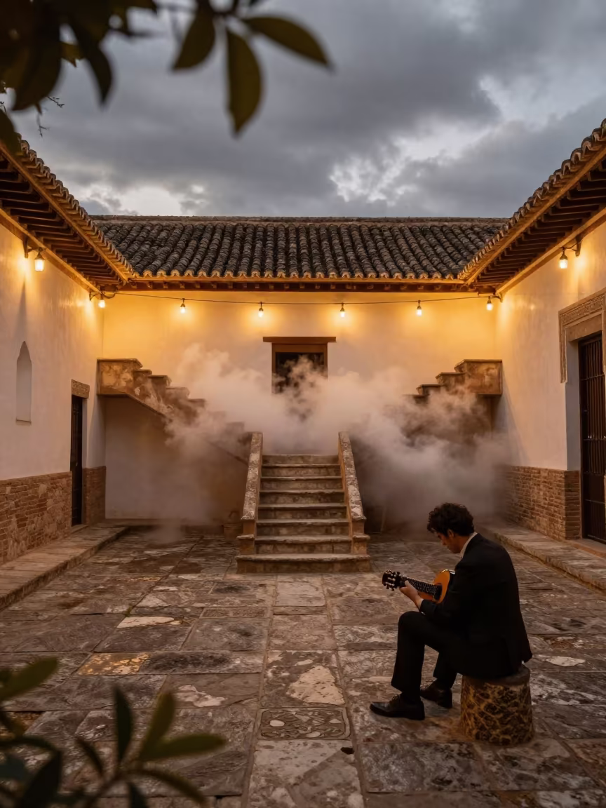 Flamenco Guitarist on Impossible Staircase in on a dimly lit stage in Granada