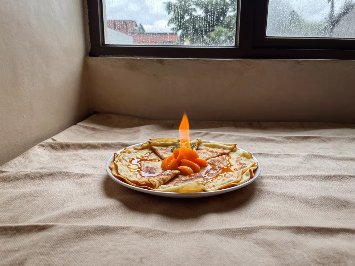 Flaming Crepes Suzette on Picnic Blanket in on a picnic blanket in Surat