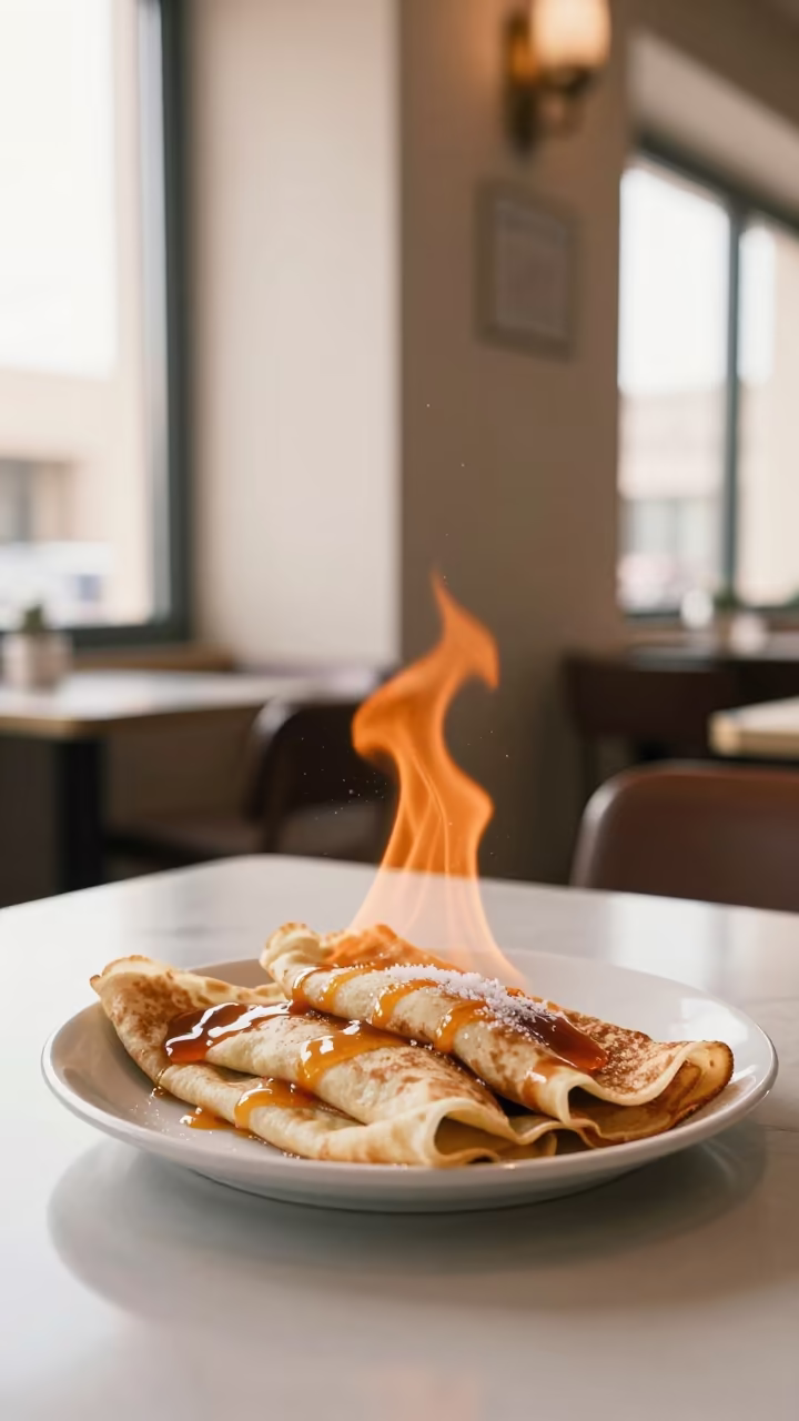 Flaming Crepes Suzette on Riyadh Diner Table in at a roadside diner table in Riyadh