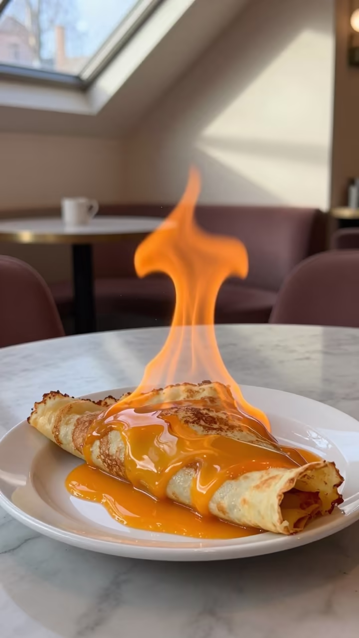 Flaming Crepes Suzette on Winter Cafe Table in on a marble cafe table in Ghent
