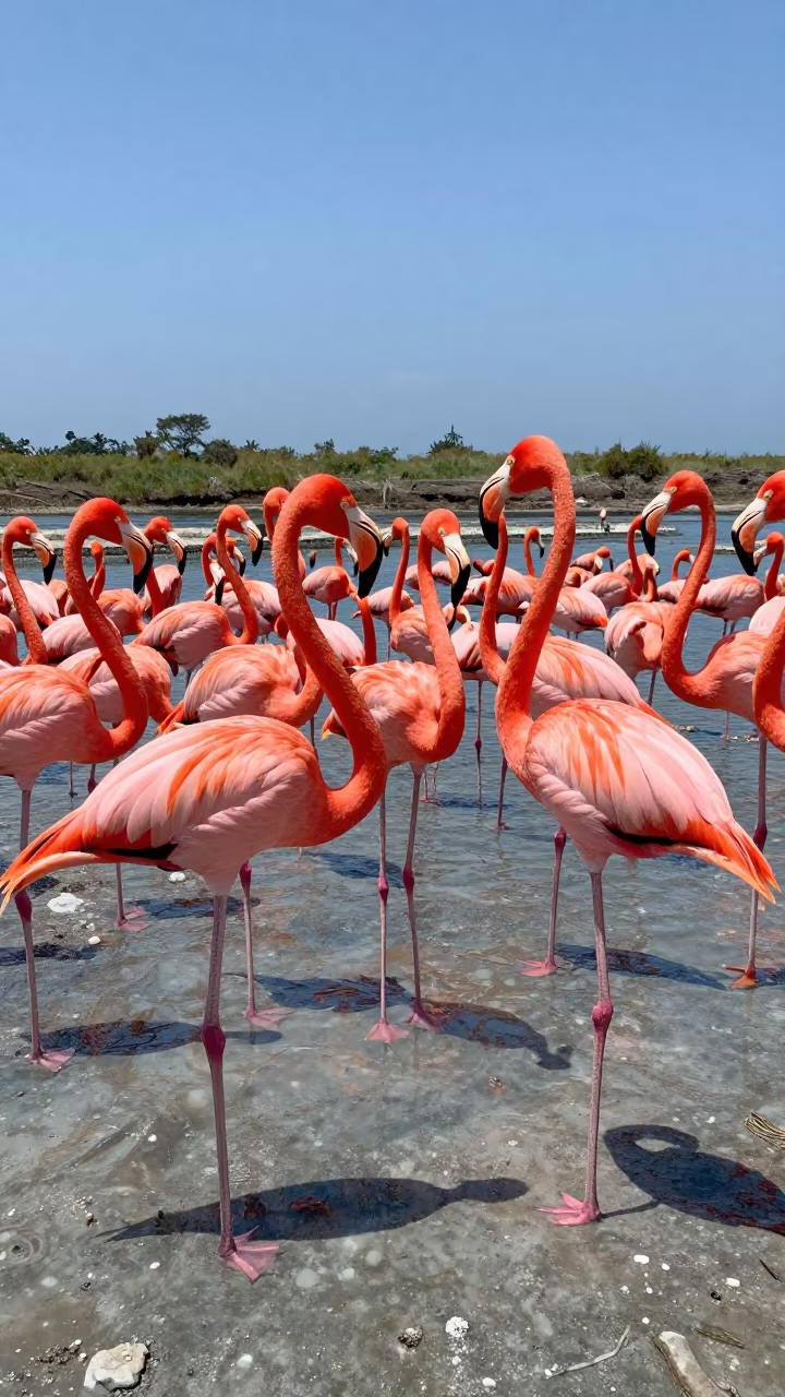 Flamingo Colony on Glacial Stream in Bali in above a glacial stream in Bali