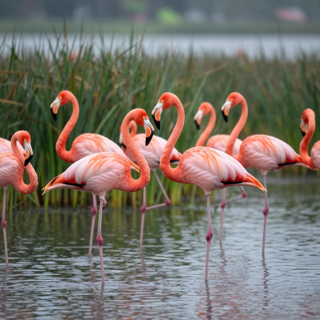 Flamingo Flock in Manila Reed Bed After Rain in at the edge of a reed bed near Ermita, Manila