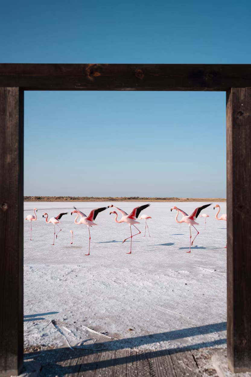 Flamingo Flock Taking Off Over Salt Lake in near Kota