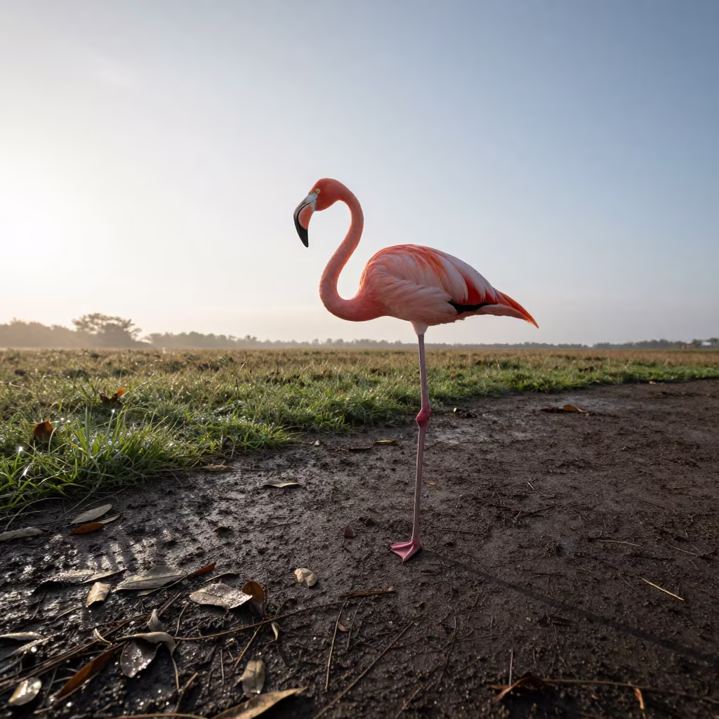 Flamingo Standing on One Leg in Malaysian Trail in along a game trail in Malaysia