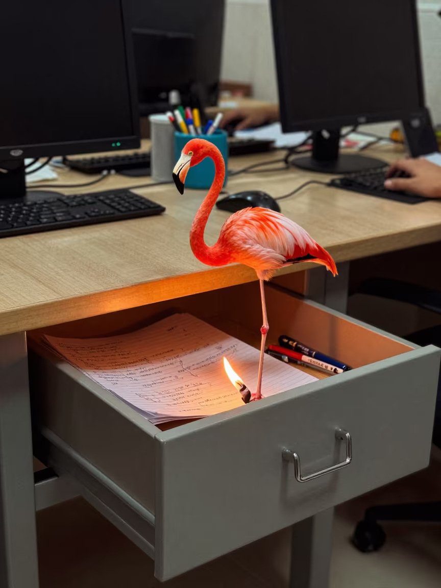Flamingo Wades Through Surreal Desk Drawer in in a computer lab before lessons in Konya