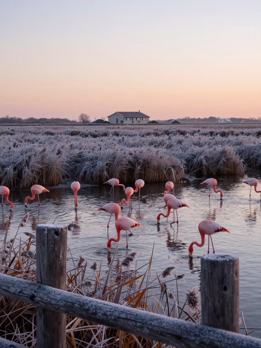 Flamingos in Autumn Lagoon Veneto Ridge in on a wind-scoured ridge in Veneto