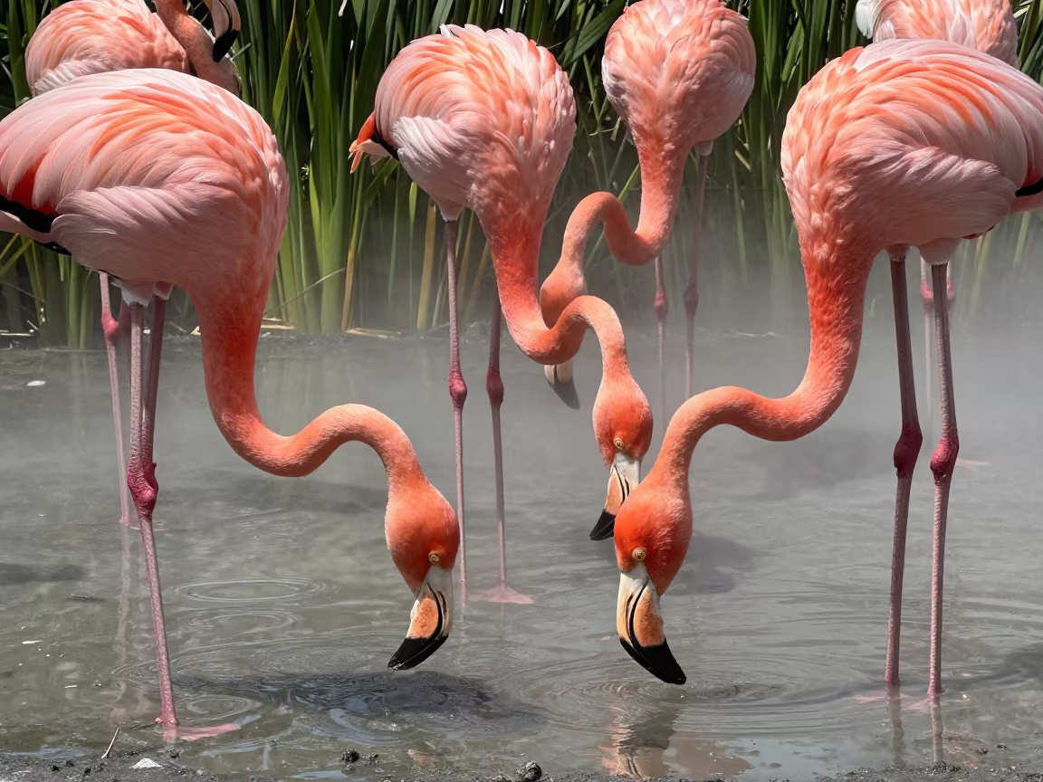 Flamingos Feeding in Foggy Tidal Lagoon in along a game trail near Modena